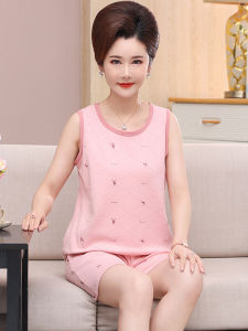 Summer Sleepwear Womens Pure Cotton Thin Vest Sleeveless Shorts Casual Home Clothes Set for Middle-Aged Mothers plus Size