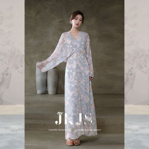 JK＆JS | Floral Cut-out and Gold Foil V-neck Long Sleeve Summer Dress