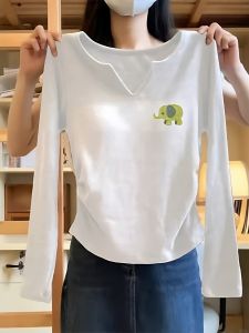 Slim Fit Womens V-Neck Long Sleeve T-Shirt White Autumn New Style Printed Design Commute Friendly Breathable Cotton Blend