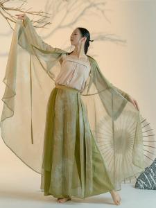 Original Bamboo Green Print Classical Dance Open Cardigan Silk Pants Modified Hanfu Womens Traditional Costume Set