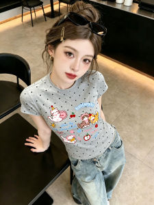 Gray Dots Cats Print Slim Fitting Summer Short Sleeve Cotton Tee