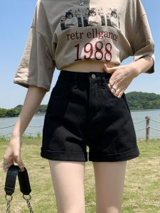 กางเกงขาสั้นผ้ายีนส์สีดําสําหรับผู้หญิงเอวสูงบางส่วนผ้าฝ้ายโพลีเอสเตอร์ยูรีเทนอีลาสเทนสไตล์หลวมฤดูร้อน