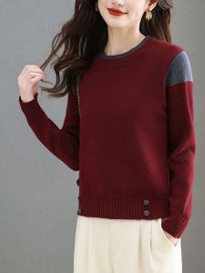 เสื้อสเวตเตอร์ถักคอตั้งทรงหลวมสั้นผ้าขนสัตว์คุณภาพสูงสำหรับผู้หญิงในฤดูใบไม้ร่วงและฤดูหนาว ทรงหลวม คอกลม ลายสก็อต แฟชั่น