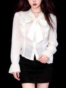 QINGNAER | French Elegant Luxury Spring Plus Size Blouse with Ruffle Bow Sheer Flared Sleeve