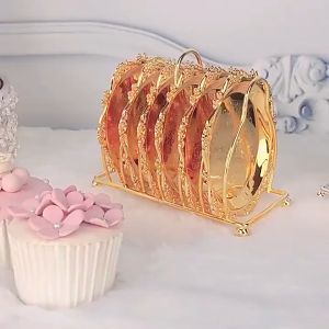 Tatakan Piring Kue Dessert Emas SET 6pcs Carved Metal Dessert Plate Tray Cup Coaster