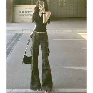 High Waist Bell Bottom Workwear Jeans Womens Extended Length American Retro Camouflage Wide Leg Pants for Taller Ladies