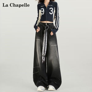 La Chapelle High Waist Wide Leg Jeans Womens Straight Cut Floor Length Pants Asymmetrical Design Casual Comfortable Denim