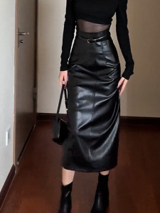 High Waist Black Mini Skirt Trendy Design Sensual Girl Style Fashionable Wrap around Leather Skirt for Autumn Season
