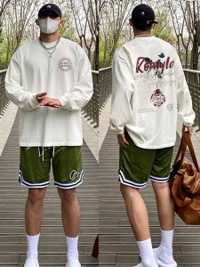 American Retro Print Loose round Neck T-Shirt Long Sleeve Inner Wear Sweatshirt Mens Spring and Autumn Hong Kong Style Heavy Weight Tops Tide