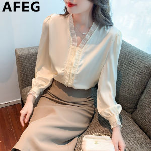 AFEG new Korean V-neck fashion loose all-match temperament chiffon long-sleeved blouse for women