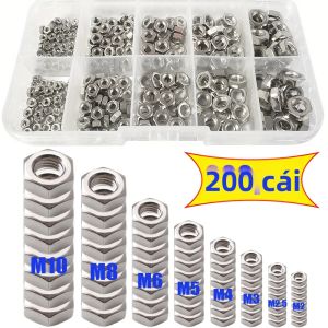 Bộ Đai Ốc Lục Giác Bằng Thép Không Gỉ 200 Mảnh M2-M10 Dành Cho Thiết Bị Công Nghiệp Bảo Trì Nhà Cửa & Xây Dựng Ngoài Trời Phụ Kiện Gia Công Kim Loại