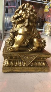 Cặp Nghê Ngồi Bệ Bằng Đồng Thau Cao 25cm