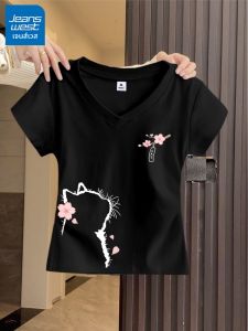 Jeanswest | Black V-neck Design Stylish Short Sleeve T-Shirt for Petite Women