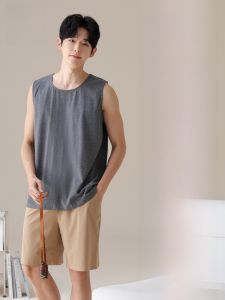 MiiOW | Bộ đồ ngủ cotton nguyên chất mùa hè nhẹ thoáng khí không tay quần short thường ngày màu trơn cỡ lớn mặc ở nhà cho nam