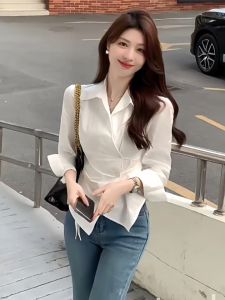 Ugmikdo White shirt womens Korean version V-neck slim fit shirt