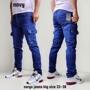Jumbo Celana Cargo Jeans Panjang Pria Big Size Stretch Denim Melar Tebal Size 33-38