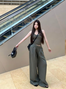 Korean Style U-Neck Bone Button Work Vest Strap Womens Summer High Waist Wide Thread Wide Leg Pants Two-Piece Set Casual Wear
