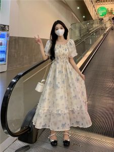 Plus Size French Style Fairy Style Floral Chiffon Dress Womens Summer Dress Fat Sister Waist-Tight Slim Looking Gentle Dress