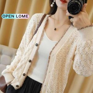 Hollow Long-sleeved Knitted Blouses for Lady Plain V-neck Open Shirt New Style Fashionable and Versatile Loose Thin Top
