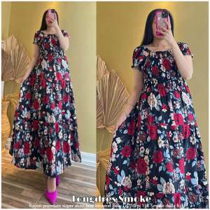 Dres Bali lONG CANDA MAWAR BESAR/LONG DRESS - gaun panjang bermotif bunga besar lengan pendek dengan detail renda cocok untuk acara formal atau semi-formal.