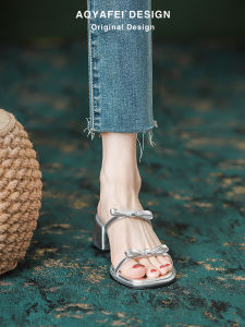 French Style Thick Heel Sandals Women Summer New Butterfly Knot Outdoor Wear mid Heel Slip-On Shoes Leather Strap Sandals