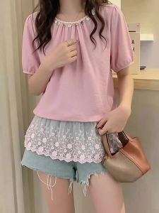 AIYITI | Áo Sơ Mi Tay Ngắn Phối Ren Màu Hồng cho Mùa Hè Thời Trang Kích Cỡ Lớn