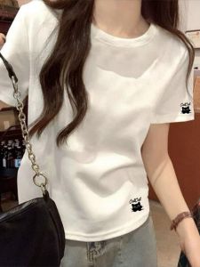 SUSHOUWANGE | Áo Thun In Mèo Tròn Cổ Trắng T Tay Ngắn