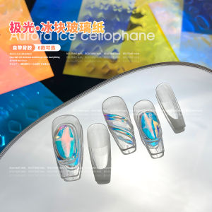 2025 New Candy Colored Optical Illusion Nail Art Decorations Heart Shaped Glitter Glass Paper Ice Cube Aurora Stickers