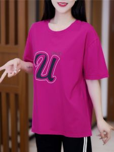 Summer New Arrival Minimalist English Letter Print Short-Sleeve Loose plus Size Crew Neck Easiest for Match Casual Trendy Anti-Aging Slimming