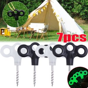 7PCS Camping Luminous Ground Nails Outdoor Travel Hiking Tent Stake Nail 3 Holes Screw Metal Canopy Pegs Threaded Ground Stakes Tent Accessories