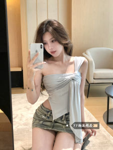 เสื้อกั๊กสีน้ำเงินเซ็กซี่ไม่สมมาตร สายเดี่ยว ไหล่เดียว สำหรับผู้หญิง ฤดูหนาว ดีไซน์เซ็กซี่ ใส่เปิดไหล่ ใส่ได้หลายวิธี