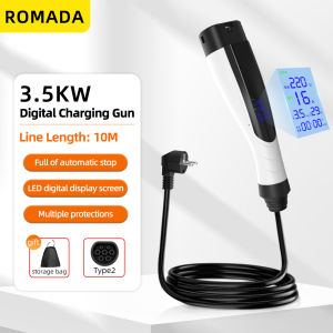 ROMADA | NEW 3.5KW 16A Portable EV Charger IP66 Waterproof With Display Screen 3M-10M Cable IEC62196 TYPE2 EVSE EU Plug Fast Charging