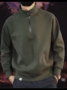 เสื้อโปโล เสื้อกันหนาว ครึ่งซิปสีทึบ POLO ทรงหลวม แขนยาว ลายขวาง ผ้าดีใส่สบาย แฟชั่นเกาหลี