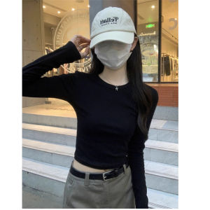 Áo Thun Dài Tay Màu Trắng Cho Nữ Mùa Xuân Thu Ngắn Cổ Tròn Cotton Phong Cách Ngọt Ngào Thường Ngày Chất Lượng Cao Cấp