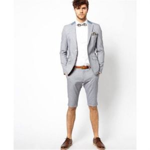 Light Gray Mens Slim Fit 2-Piece Suit Blazer And Short Pants Set Notch Lapel Two Buttons Jacket Tuxedo Summer Wedding Suits