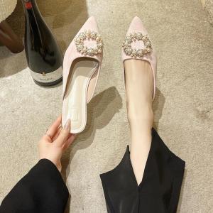 Summer 2025 Pointed Toe Flat Bottom Mule Slippers Diamond Encrusted Open Toe Outdoor Wearable Slip-On Shoes for Skirts