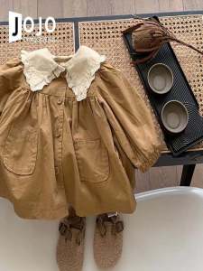 Korean Style Sweet Doll Collar Jacket Long Sleeve Girls Childrens Autumn Clothes Fashionable Brown Top for Baby Girls