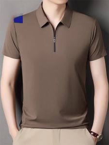 ROMON | Lormen Mens Solid Color Short Sleeve T-Shirt Summer Thin Ice Silk Zipper Polo Shirt Casual Top Dad Clothes Fashion Urban Style