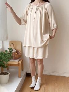 National Style Sleepwear for Women in Spring Summer Cotton Silk Solid Color Home Clothes That Can Be Worn Externally Loose Round Neck Middle Sleeve Pajamas Set