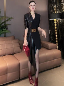 Slimming Splice Design Sensation Dress American Style Asymmetrical Midi Skirt Long Sleeve Polyester Casual X-Shape Silhouette