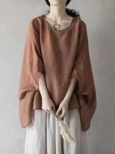 High-End plus Size Womens Summer New Thin Batwing Sleeve Cotton Linen T-Shirt Meat Covering Slimming Effect Korean Style Loose Fit