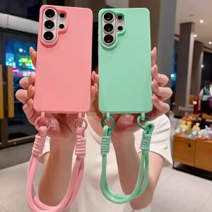 Candy Color Silicone Case with Wrist Strap Lanyard Shockproof Anti-Loss Cover for Samsung S26 Ultra S25 FE S24 S23 S22 Plus