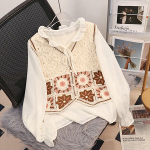 Spring Summer New Hook Flower Hollow out Thin Knitted Vest Shell Top Womens Two Piece Set Polyester Fiber V Neck Short Length