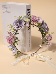 Simulation of Purple Rose Flower Wreath Hairband vintage Style Retro Satin Ribbon Bow Hair Accessory for Bridesmaid Photoshoot