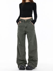 American Style Rustic Military Green Straight Leg Workwear Pants Adjustable Loose Casual Trousers for Men And Women