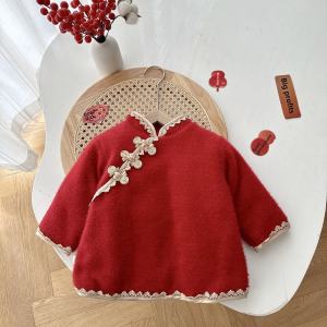 Retro Thickened Cotton Gown for Little Girls Winter Baby Clothes New Year Visiting Costume Infant Skirt Long Sleeve Pure Color