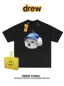 เสื้อยืดแขนสั้นผู้ชาย Drew American Trendy Brand Fleece Lazy Cartoon Print ทรงหลวมๆ สไตล์ลำลองสำหรับคู่รักในช่วงฤดูร้อน