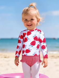 Baby Girls Two Piece Swimsuit Strawberry Print Swimwear Kids Swimming Clothing Long Sleeve Summer Beachwear Bathing Suit