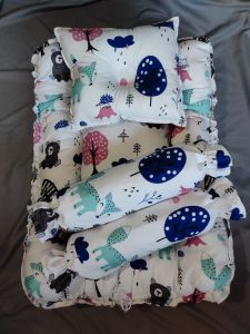CRIB SET BEDDINGS| NEW BORN BABY NEST with HEAD PILLOW AND 2PCS BOLSTER 100% CANADIAN COTTON FABRIC