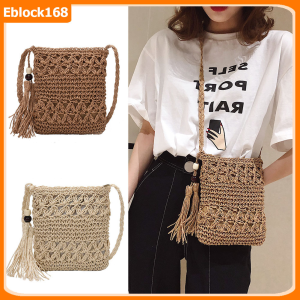 Solid Color Tassel Shoulder Handbags Women Woven Beach Casual Messenger Bag